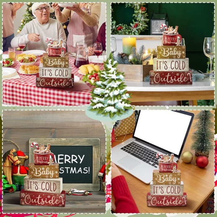 4 Pcs Wooden Christmas Tabletop Decor Christmas Cocoa Tiered Tray Decor Rustic Wood Hot Cocoa Block Sign Gift Merry Christmas Centerpiece Farmhouse Christmas Table Decor (Cocoa) - Image 5