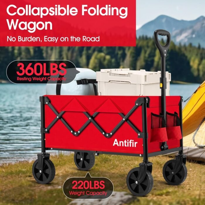 Collapsible Wagon Cart Foldable 360 LBS, Portable Garden Wagon Cart All Terrain with Large Capacity, Heavy Duty Folding Utility Wagon Cart for Groceries, Sports, Shopping, Camping Outdoor, Red - Image 2