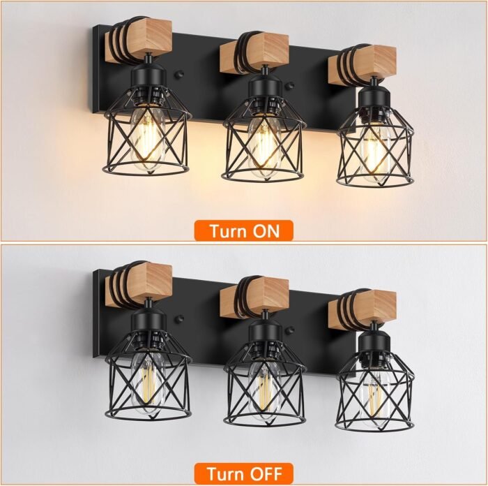 FadimiKoo 3-Light Farmhouse Vanity Light for Bathroom, Wood Bathroom Light Fixtures Over Mirror, Industrial Black Vanity Light with Metal Lampshade for Bedroom Hallway Living Room - Image 4