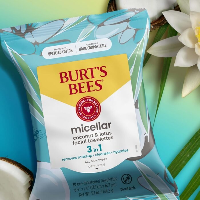 Burt's Bees Stocking Stuffers, Coconut & Lotus Face Wipes, for All Skin Types, Micellar Makeup Remover & Facial Cleansing Towelettes, Skin Care Christmas Gifts, 30 Ct. (3-Pack) - Image 8