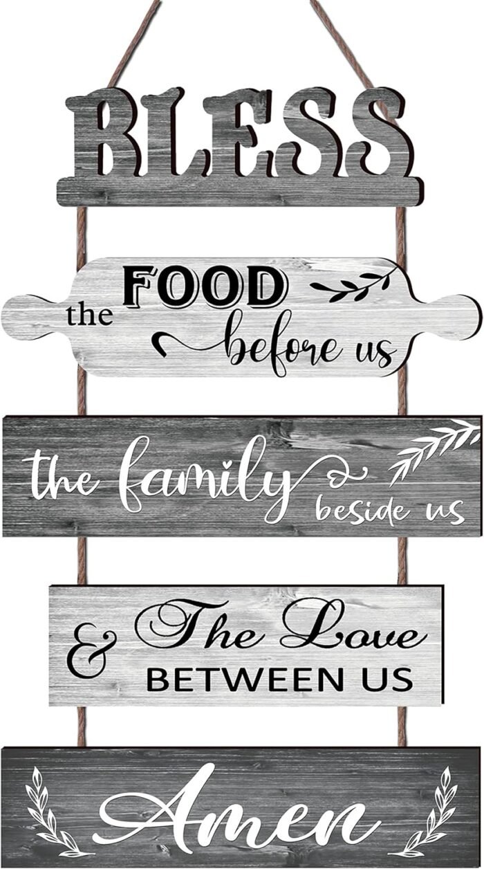 Buecasa Bless the Food Before Us Farmhouse Kitchen Wall Decor - Dining Room Decorations Collage Wall Art in White Grey Color - Wooden Rustic 5pcs Roped Sign 13x24 Inches Vertical
