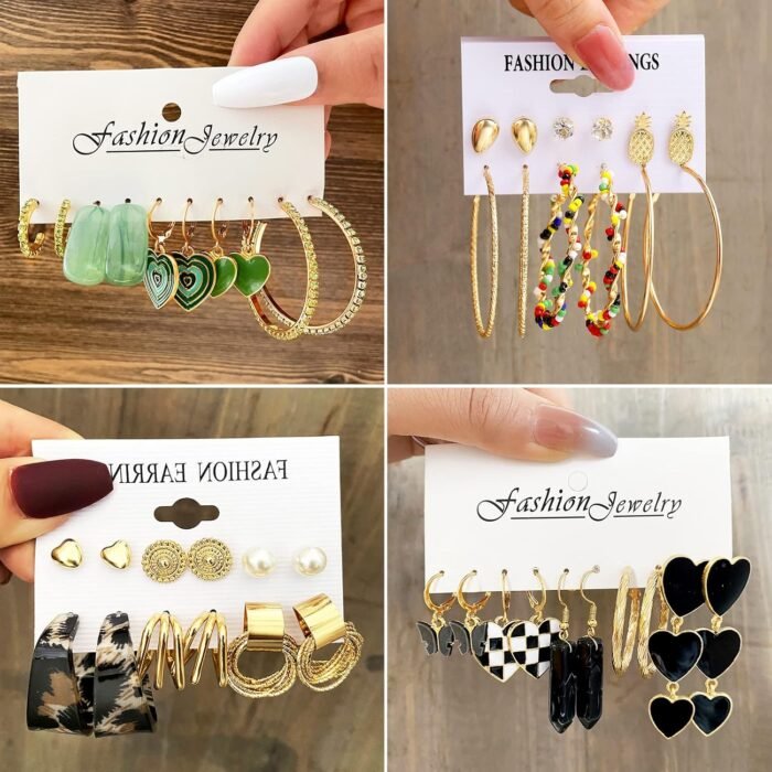 34 Pairs Gold Hoop Earrings Set for Women, Fashion Drop Dangle Earring Packs Black Hearts Earrings Multipack Hypoallergenic Earrings for Valentine's Day Gifts - Image 4
