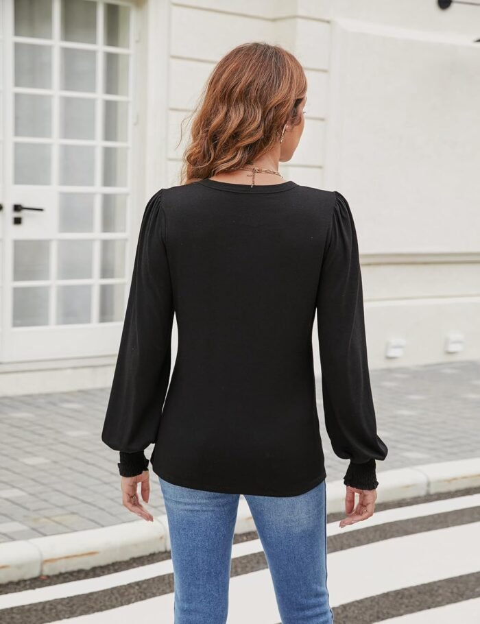 Blooming Jelly Womens Long Sleeve Dressy Casual Top V Neck Puff Sleeve Shirt Keyhole Blouse 2024 - Image 3