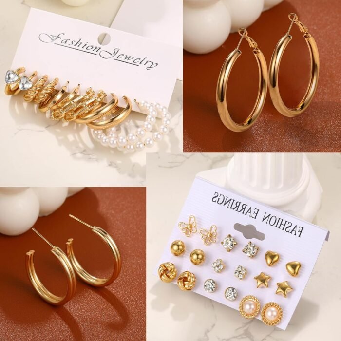 45 Pairs Gold hoop Earring Set for Women, Fashion Stud Pearl Earrings Multipack, Hypoallergenic Twisted Heart Earring Pack, Gold Hoops Earrings for Party Jewelry with Gift Bag - Image 9
