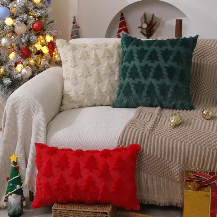 DFXSZ Christmas Tree Pillow Covers 18x18 inch Set of 2 Christmas Decoration Beige Soft Plush Faux Fur Jacquard Throw Pillows for Bedroom Sofa Holiday Festivals Winter Home Decor PTK006C18 - Image 2