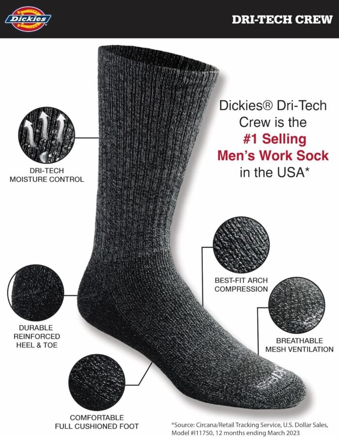 Dickies Men's Dri-Tech Essential Moisture Control Crew Socks, Available in M-XXL (6, 12 Pairs) - Image 2