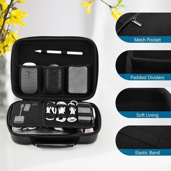 ProCase Hard Travel Electronic Organizer Case for MacBook Power Adapter Chargers Cables Power Bank Apple Magic Mouse Apple Pencil USB Flash Disk SD Card Small Portable Accessories Bag -XL, Black - Image 3