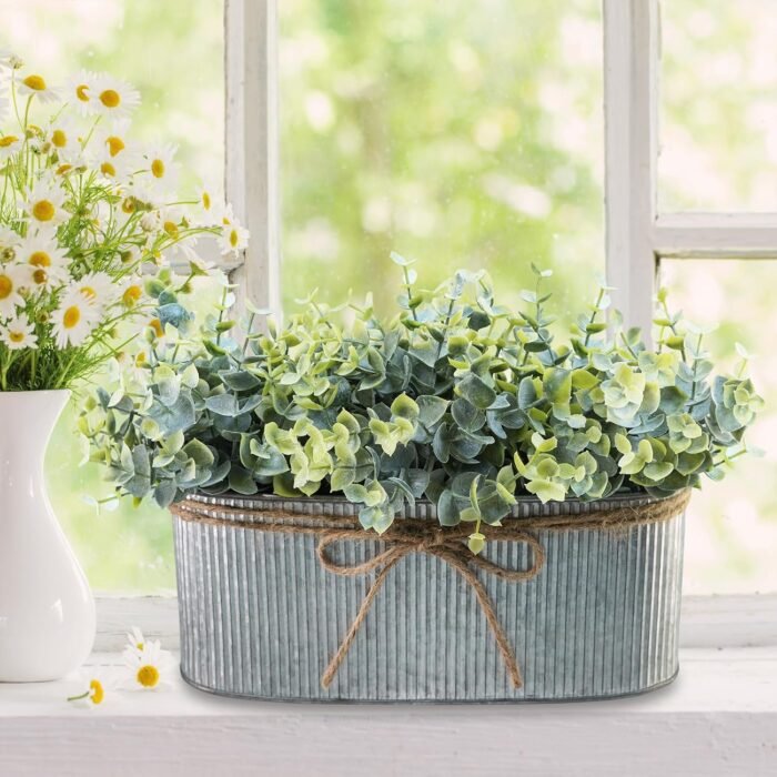 Winlyn Artificial Eucalyptus Arrangement in Rustic Oval Galvanized Metal Planter Box Faux Eucalyptus Bush Greenery Potted Plants for Farmhouse Indoor Home Office Table Centerpiece Kitchen Décor - Image 4