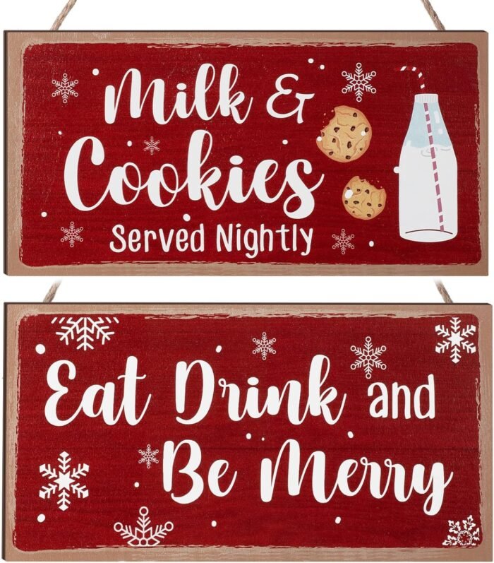Blulu Christmas Hanging Wooden Sign Eat Drink and Be Merry Sign Milk and Cookies Sign Merry Christmas Wall Decor Rustic Gingerbread Decor for Kitchen, Coffee Bar, Indoor or Outdoor Decorations