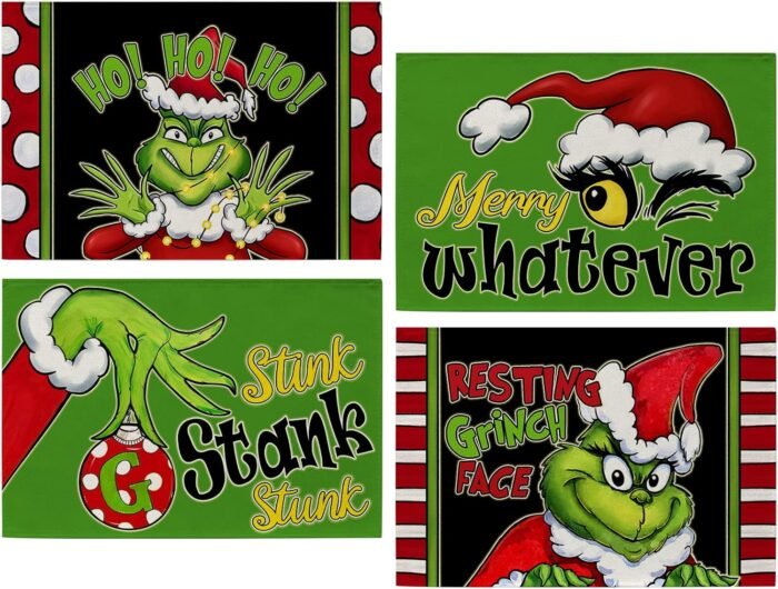 Seliem Christmas Merry Whatever Placemats Set of 4, Xmas Stink Stank Stunk Dining Table Place Mats Home Kitchen Decor, HO Resting Face Winter Holiday Decoration 12 x 18 Inch