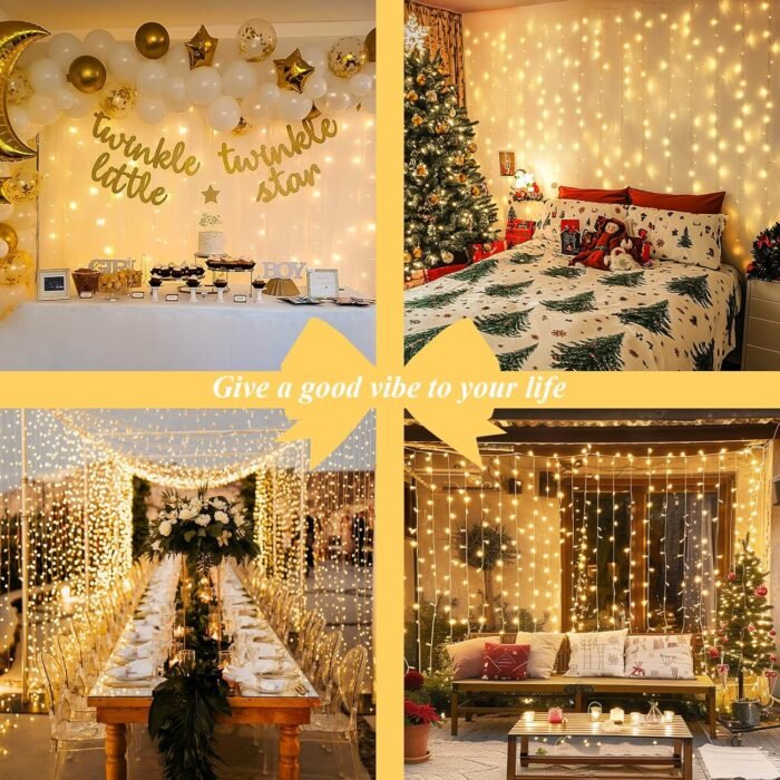 JMEXSUSS 300 LED Remote Control Christmas Curtain Lights, Plug in Fairy Curtain Lights Outdoor, Window Wall Hanging Curtain String Lights for Bedroom Backdrop Wedding Party Indoor Decor, Warm White - Image 5