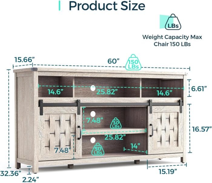 LINSY HOME Farmhouse TV Stand for 65 Inch TV, Tall Highboy Entertainment Center with Sliding Barn Door, Rustic Media Console with Storage Shelves, Wood Television Stand for Living Room, Light Grey - Image 2
