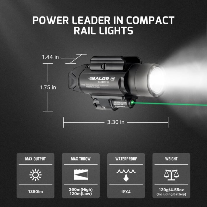 OLIGHT Baldr Pro 1350 Lumens Tactical Weaponlight with Green Light and White LED, 260 Meters Beam Distance Compatible with 1913 or GL Rail, Batteries Included(Black) - Image 2