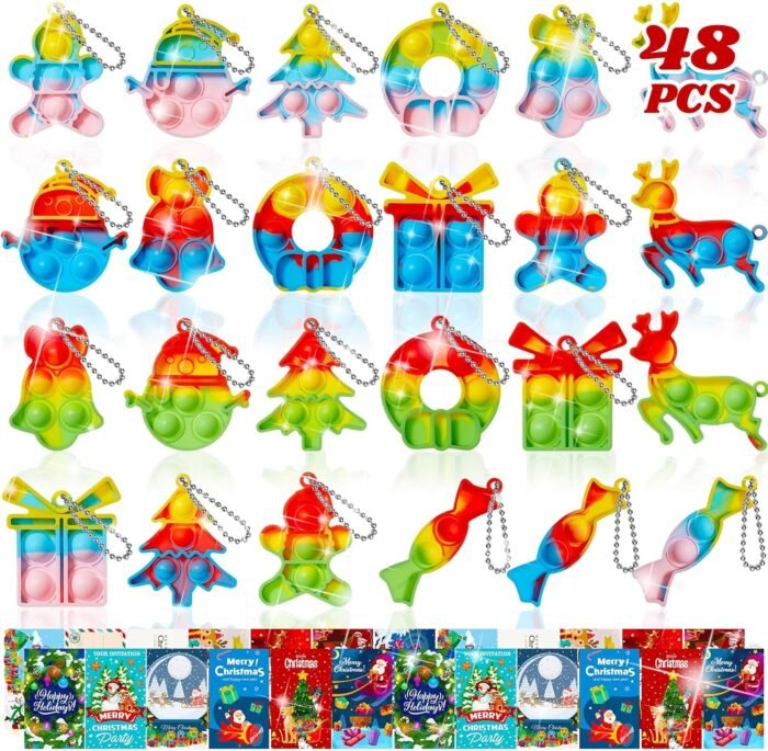 48 PCS Christmas Party Favors Pop Fidget Toys Bulk: Christmas Stocking Stuffers Goodie Bag Stuffers - Prizes for Kids Classroom Gifts from Teacher - Girls Boys (24pcs Keychain + 24pcs Cards)