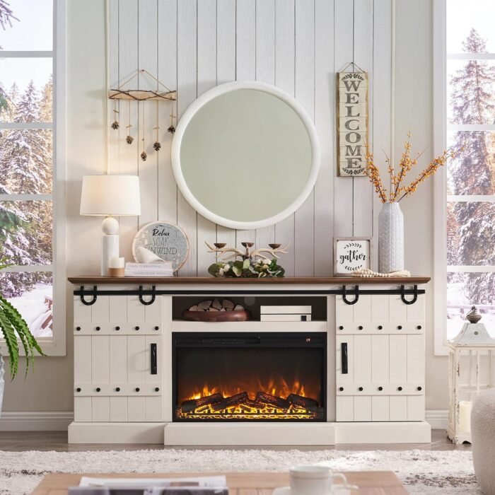 OKD 70" Fireplace TV Stand for 75+ 80 Inch TV, Farmhouse Highboy Entertainment Center with 30" Electric Fireplace & Sliding Barn Doors, Rustic Tall Media Console Cabinet for Living Room, Antique White - Image 2