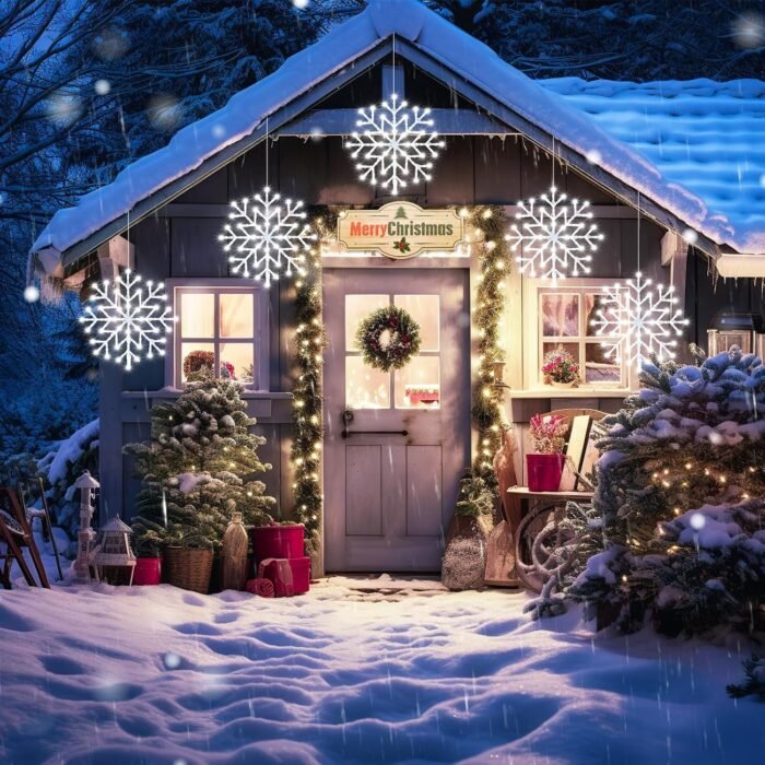 Christmas Snowflake Icicle Lights Outdoor - Plug-in 10.5ft 5 Drops 240LED Snowflake Window Lights with 8 Modes, Hanging Lights for Indoor Outdoor Porch Eaves Rooftops Pergola Canopy Christmas Decor