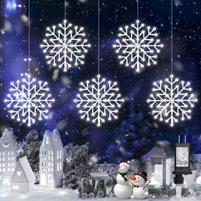 Christmas Snowflake Icicle Lights Outdoor - Plug-in 10.5ft 5 Drops 240LED Snowflake Window Lights with 8 Modes, Hanging Lights for Indoor Outdoor Porch Eaves Rooftops Pergola Canopy Christmas Decor - Image 6