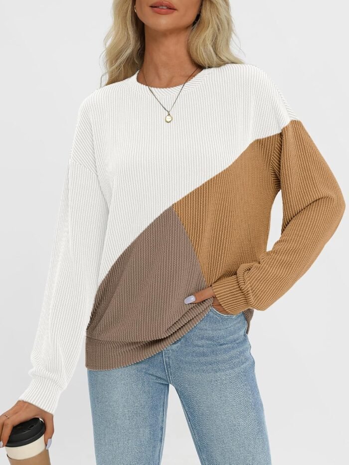 AUTOMET Womens Color Block Long Sleeve Top Crewneck Shirt 2024 - Image 2