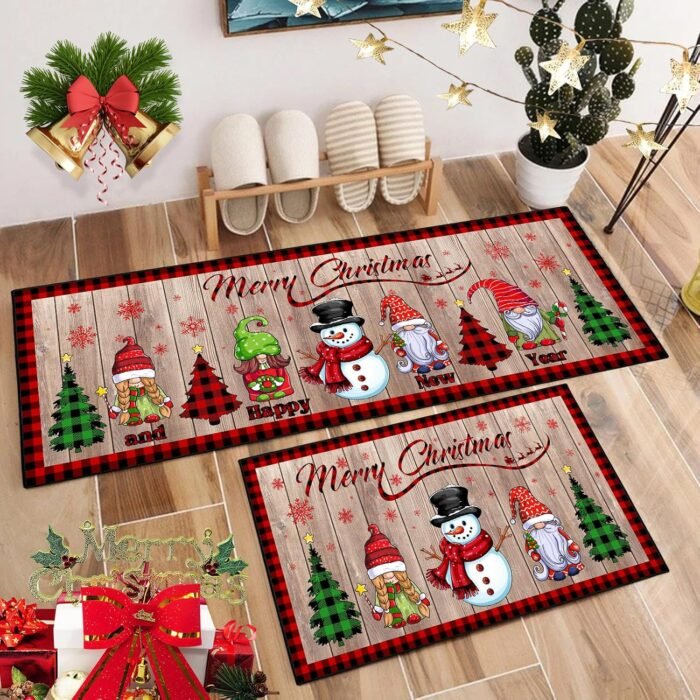 2 Pcs Christmas Kitchen Rugs and Mats, Merry Christmas and Happy New Year Kitchen Decor Non-Slip Floor Mat Sets, Gnome Snowman Washable Microfiber Kitchen Carpet 17x47+17x30 Inches - Image 5