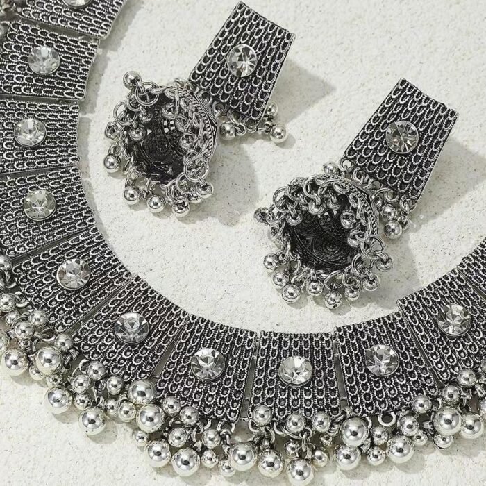 Boho Antique Silver Jewellery Sets for Brides Bridesmaid Cubic Zirconia Crystal Statement Choker Necklace Earrings Jhumki Accessories for Women Indian Ethnic Wedding Wear Bollywood Party Dancing - Image 4