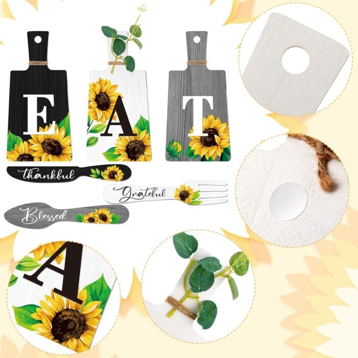 Bucherry Set of 6 Sunflower Kitchen Decor Sets Eat Signs Fork and Spoon Wooden Kitchen Wall Decor Hanging Plaques Farmhouse Sunflower Kitchen Decor and Accessories(Black, White, Gray) - Image 4