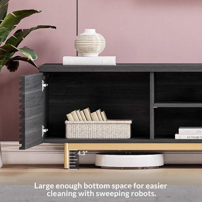 BELLEZE 68" Fluted TV Stand for TV up to 75", Modern Entertainment Center with Storage Cabinet, Slatted Door Decorated Media Console Table, Home Living Room Bedroom Furniture(Ebony) - Image 4