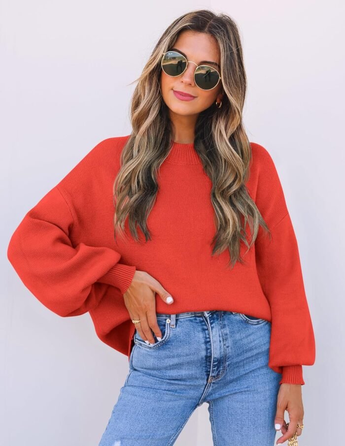 ZESICA Women's 2024 Casual Turtleneck Long Lantern Sleeve Oversized Ribbed Knit Pullover Sweater Jumper Top - Image 2