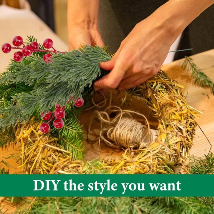Watayo 45 Pcs Christmas Artificial Pine Branches with Red Berry Stems- 10.5" Faux Evergreen Norfolk Pine Cypress Leaves Stems- Fake Foliage Pine Needles Picks for DIY Craft Garland Home Decor - Image 6
