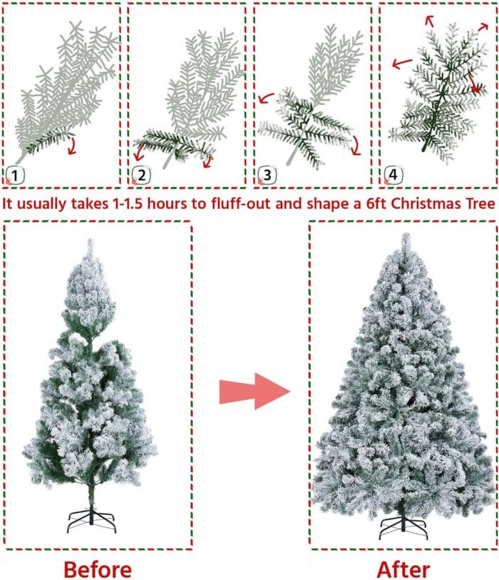 Yaheetech 6ft Pre-lit Artificial Christmas Tree with Incandescent Warm White Lights, Snow Flocked Full Prelighted Xmas Tree W/820 Branch Tips, 250 Incandescent Lights & Foldable Stand, Green & White - Image 7