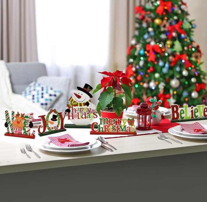 Gift Boutique 6 Christmas Table Signs Decorations Wooden Centerpiece Tabletop Snowman Wood Desktop Decor for Kitchen Home Xmas Holiday Party Supplies - Image 7