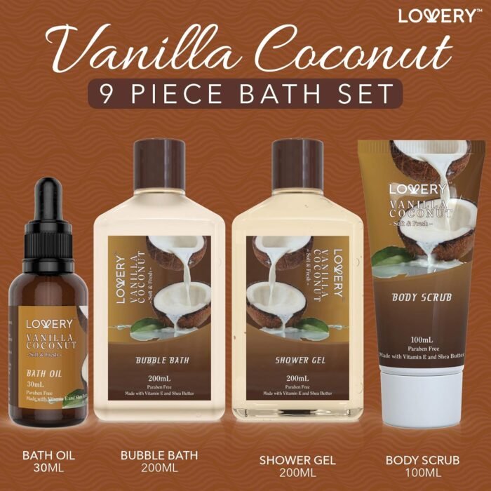 Bath and Body Gift Basket For Women and Men – 9 Piece Set of Vanilla Coconut Home Spa Set, Includes Fragrant Lotions, Extra Large Bath Bombs, Coconut Oil, Luxurious Bath Towel & More - Image 2