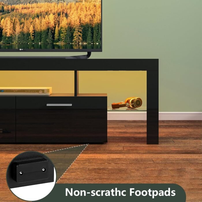Clikuutory Modern LED 63 inch Long TV Stand with Large Storage Drawer for 50 55 60 65 70 75 Inch TVs, Black Wood TV Console with High Glossy Entertainment Center for Living Room, Bedroom, Black - Image 9