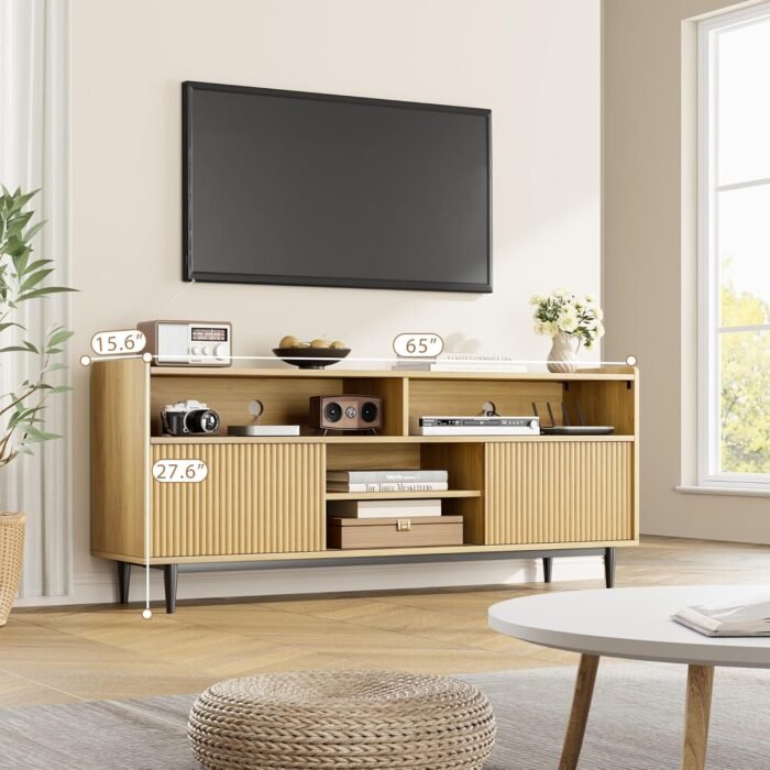Fluted TV Stand for 70 Inch, Boho Entertainment Center with Storage and Sliding Doors, Wooden TV Cabinet with Adjustable Shelves, Under TV Stand for Living Room Bedroom, Natural Oak - Image 3