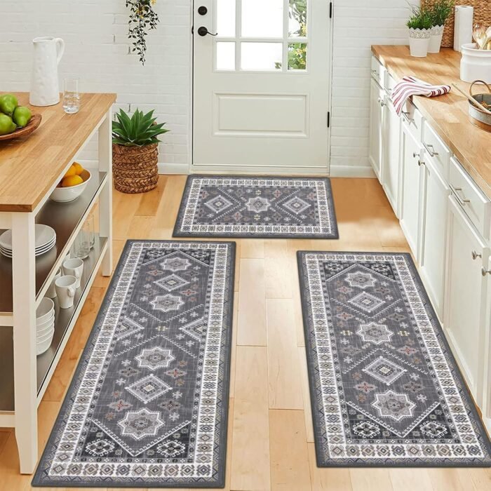HEBE Boho Kitchen Rug Sets 3 Piece with Runner Non Slip Kitchen Rugs and Mats Washable Kitchen Mats for Floor Thick Kitchen Floor Mat Carpet Runner Rugs for Hallway Laundry Holiday Decor - Image 3