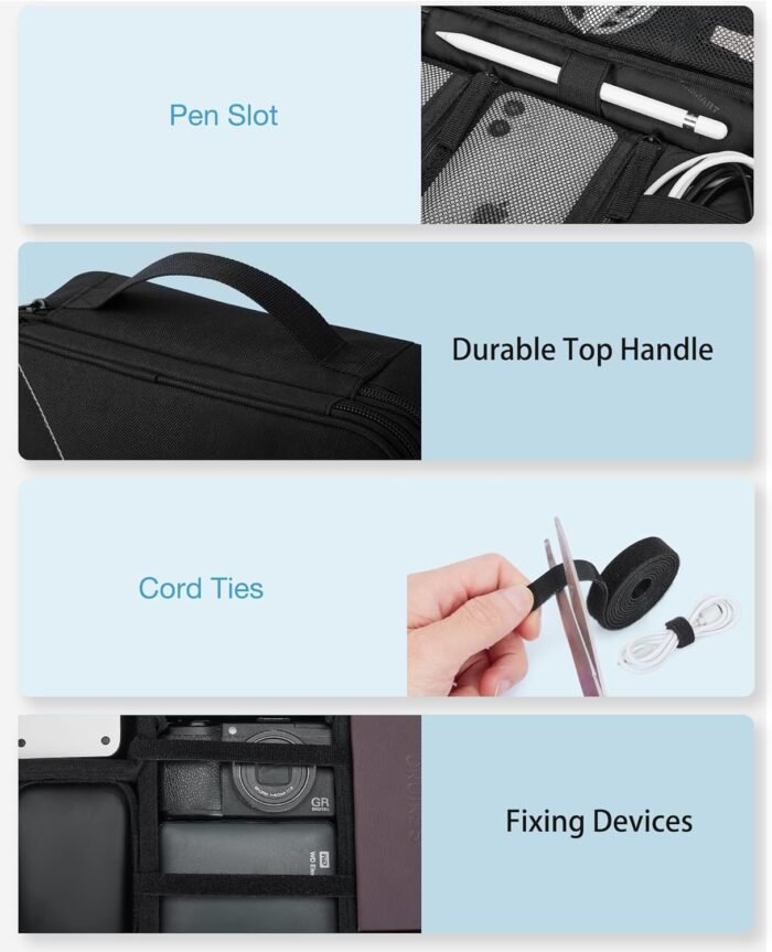 BAGSMART Cable Organizer Bag, Travel Electronics Organizer with Adjustable Divider, Tech Bag Carrying Case, Storage Bag Sturdy Tool Case with Handle for Cellphone Cord Electronics Accessories, Black - Image 5