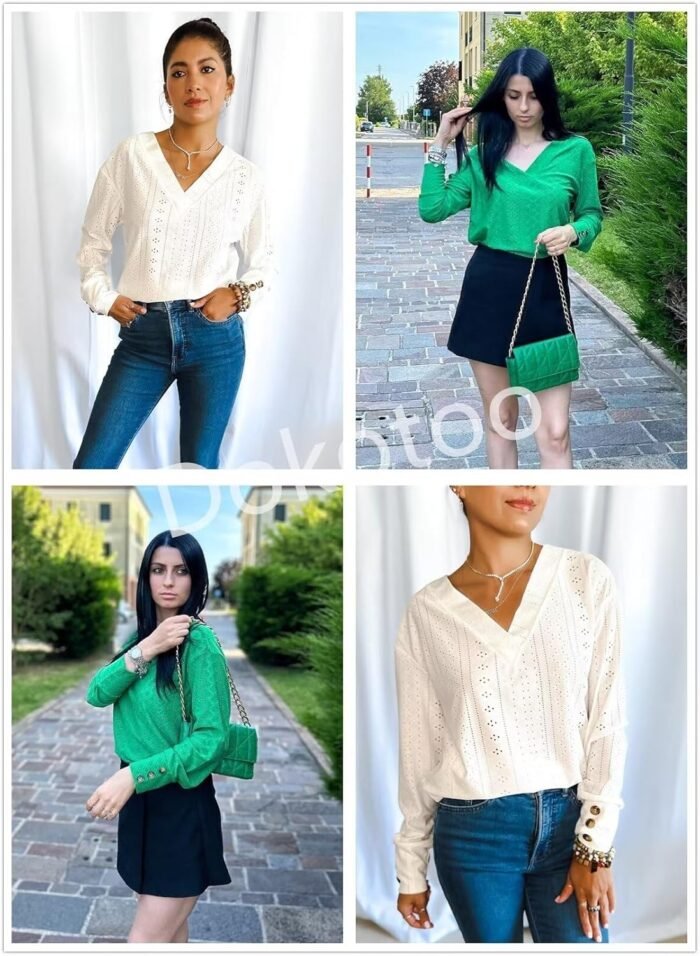 Dokotoo Women's Tops Dressy Casual V Neck Long Sleeve Buttons Hollow Out Lace Embroidered Blouses Shirts - Image 5