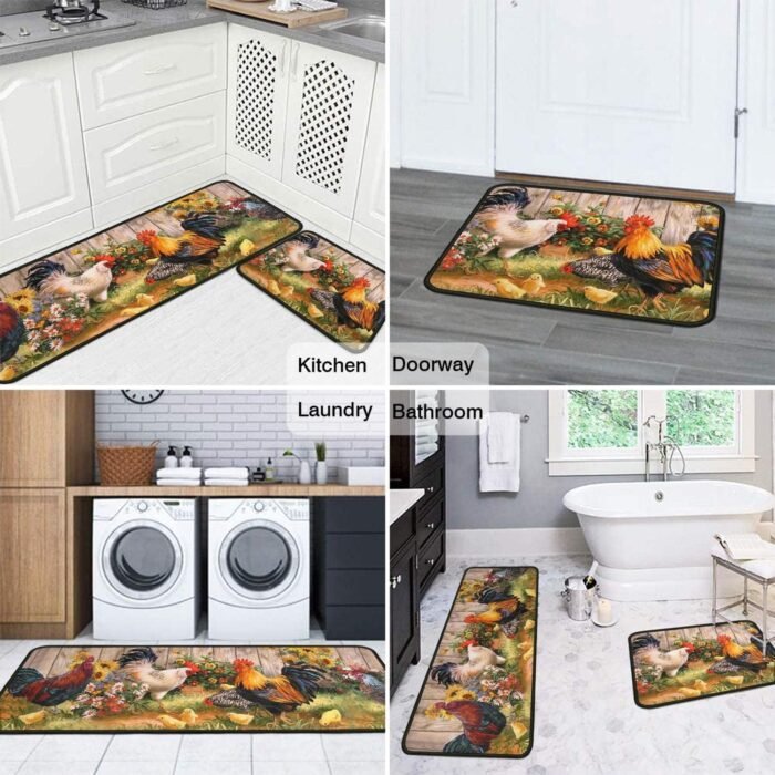 Rooster Kitchen Rugs 2 Piece Set Sunflower Decor Kitchen Floor Mat, Microfiber Washable Runner Rugs, Farmhouse Chicken Decorations Kitchen Mats,17"x47"+17"x30" - Image 6