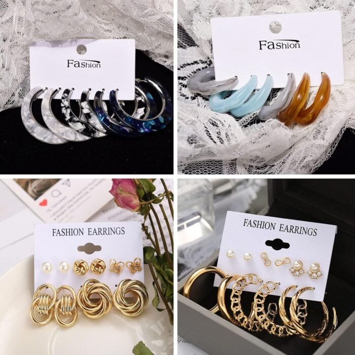 45 Pairs Gold Earrings Set for Women, Fashion Drop Dangle Earrings Statement Vintage Acrylic Hoop Pearl Studs Hypoallergenic Earrings Multipack for Valentine's Day Gifts - Image 5