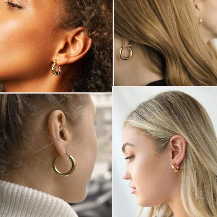 6 Pairs Chunky Gold Hoop Earrings Set for Women 14K Gold Plated Hypoallergenic Thick Open Huggie Hoop Set Jewelry for Gifts - Image 4