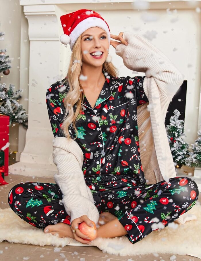 Ekouaer Women's Classic Button Down Long Satin Silk Pajama Set - Image 3