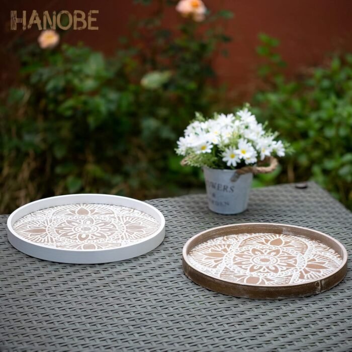 Hanobe Round Wood Decorative Tray: Boho Coffee Table Tray Farmhouse Rustic Brown Centerpiece Decor Wooden Serving Trays Circle Tray for Kitchen Counter Bohemian Ottoman Tray for Home - Image 5