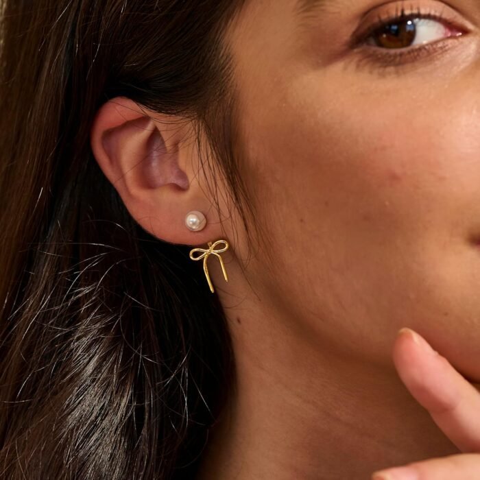 Pearl Earrings for Women Gold Hoop Earrings for Women Trendy 14K Gold Plated Pearl Huggie Earring Hoops Twist Rope Bow Stud Pearl Dangle Cubic Zirconia Earrings Jewelry Gifts for Women - Image 8