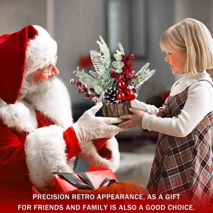 Small Christmas Tree Tabletop Artificial Mini Christmas Tree Decorations with Holiday Ornaments Red Berry Pine Cone Greenery for Home Indoor Fireplace Mantel Xmas Decor (2pcs -Tree Stump-Red) - Image 4