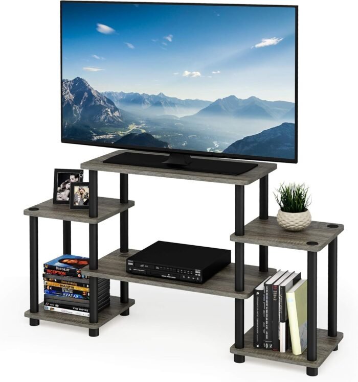 Furinno Turn-N-Tube No Tools Entertainment Center, Round Square Corner, French Oak Grey/Black - Image 4
