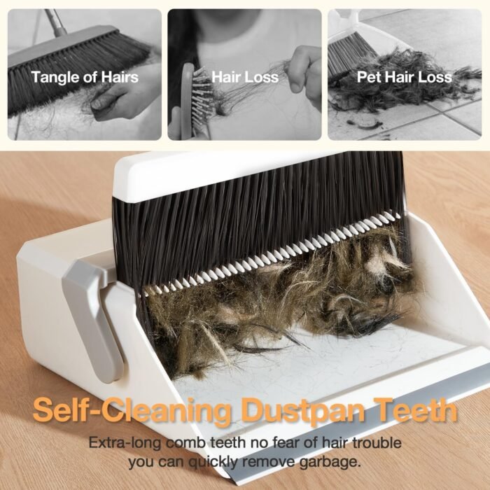 Broom with Dustpan Combo Set,UOEOS One-Sweep Clean,Pet Hair Removal Broom with Self-Cleaning Double-Layer Teeth,High Density Broom and Windproof Dustpan for Indoor&Outdoor - Image 2
