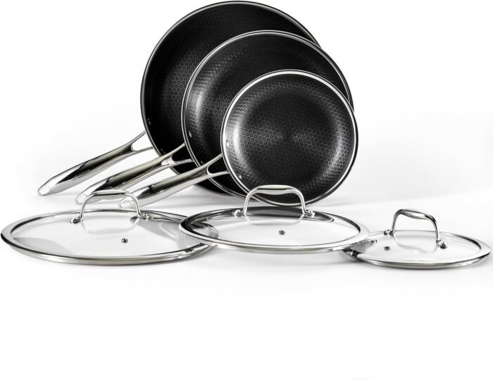 HexClad Hybrid Nonstick 6-Piece Fry Pan Set, 8, 10 and 12-Inch Frying Pans with Tempered Glass Lids, Stay-Cool Handles, Dishwasher and Oven Safe, Induction Ready, Compatible with All Cooktops - Image 2
