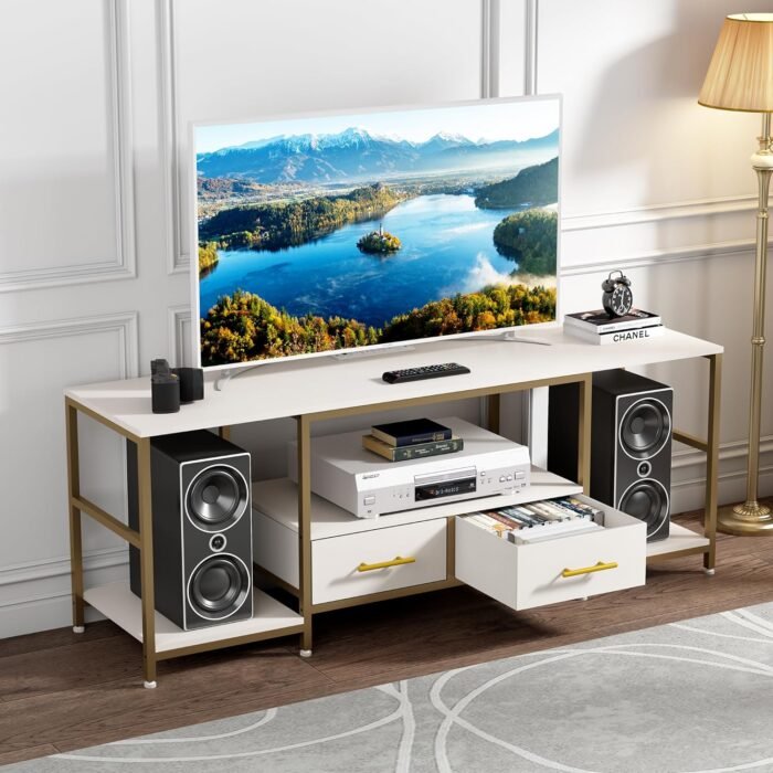 63" TV Stand for TVs, Up to 70 Inch TV, Modern Entertainment Center, TV Table with Two Drawers, TV Console Table with Metal Frame, TV Stands for Living Room, Bedroom, White/Gold - Image 2