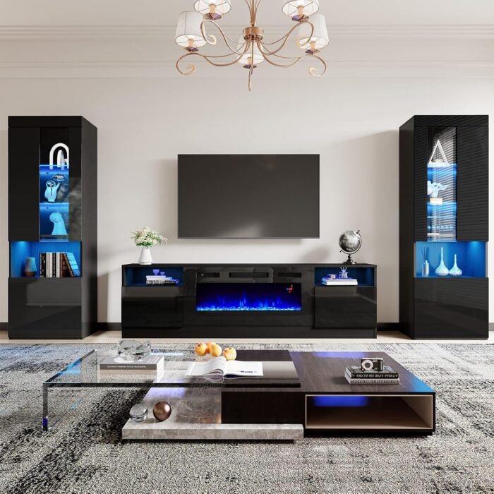 AMERLIFE Modern Highgloss Fireplace Entertainment Center Set, Includes 80" Fireplace TV Stand & 2 LED Highgloss Bookcases, Modern Storage Cabinets for TVs up to 90", Black