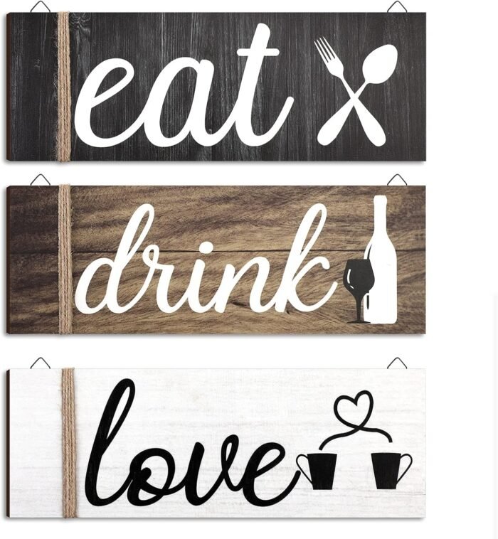 Jetec 3 Pcs Farmhouse Kitchen Wall Decor Eat Sign Rustic Wooden Kitchen Sign Wood Home Sign Eat Drink Love Sign with Hanging Hole for Home Kitchen Dining Living Room Bar Cafe Decor (Classic Color)