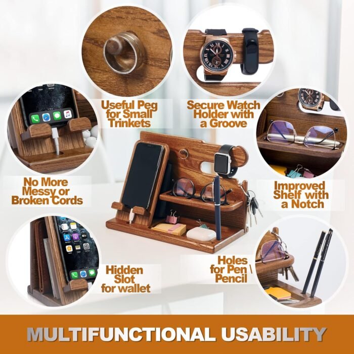 TESLYAR Wood Phone Docking Station for Men - Desk Accessories & Workspace Organizer - Nightstand Organizer - Birthday Gifts for Men or Dad - Idea for Anniversary - Key Holder - Stand Watch (Beige) - Image 3
